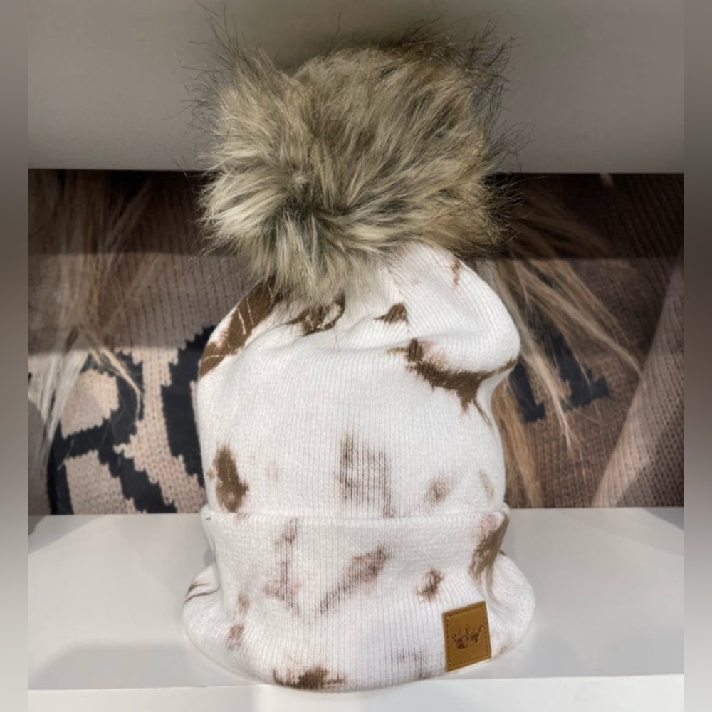 Panache White & Brown Fleece Lined Knit Tie Dye Beanie/Hat With Pom Accent